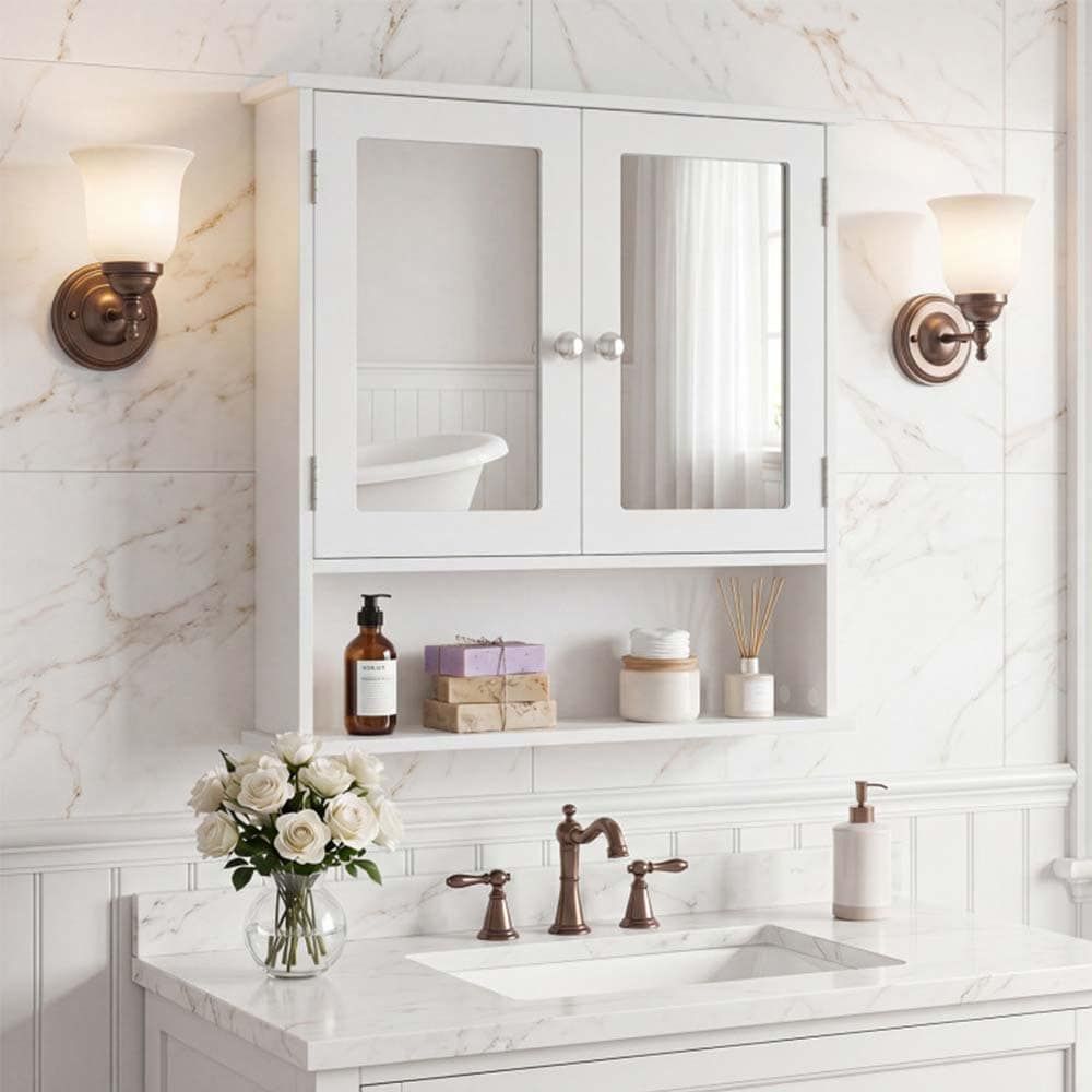 Double Door Wall-Mounted Bathroom Mirror Cabinet with Storage Shelf