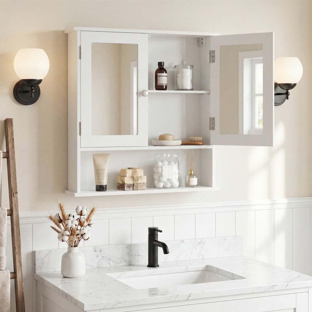 Double Door Wall-Mounted Bathroom Mirror Cabinet with Storage Shelf