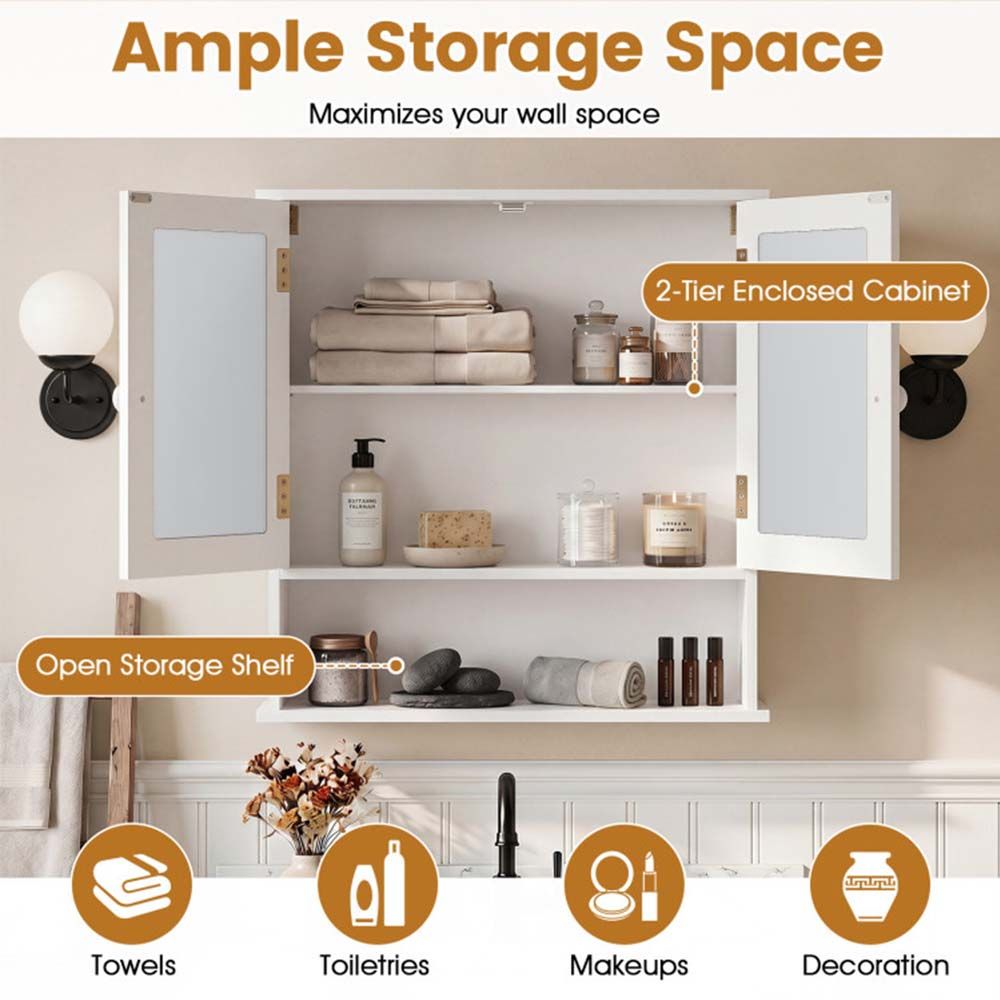 Double Door Wall-Mounted Bathroom Mirror Cabinet with Storage Shelf