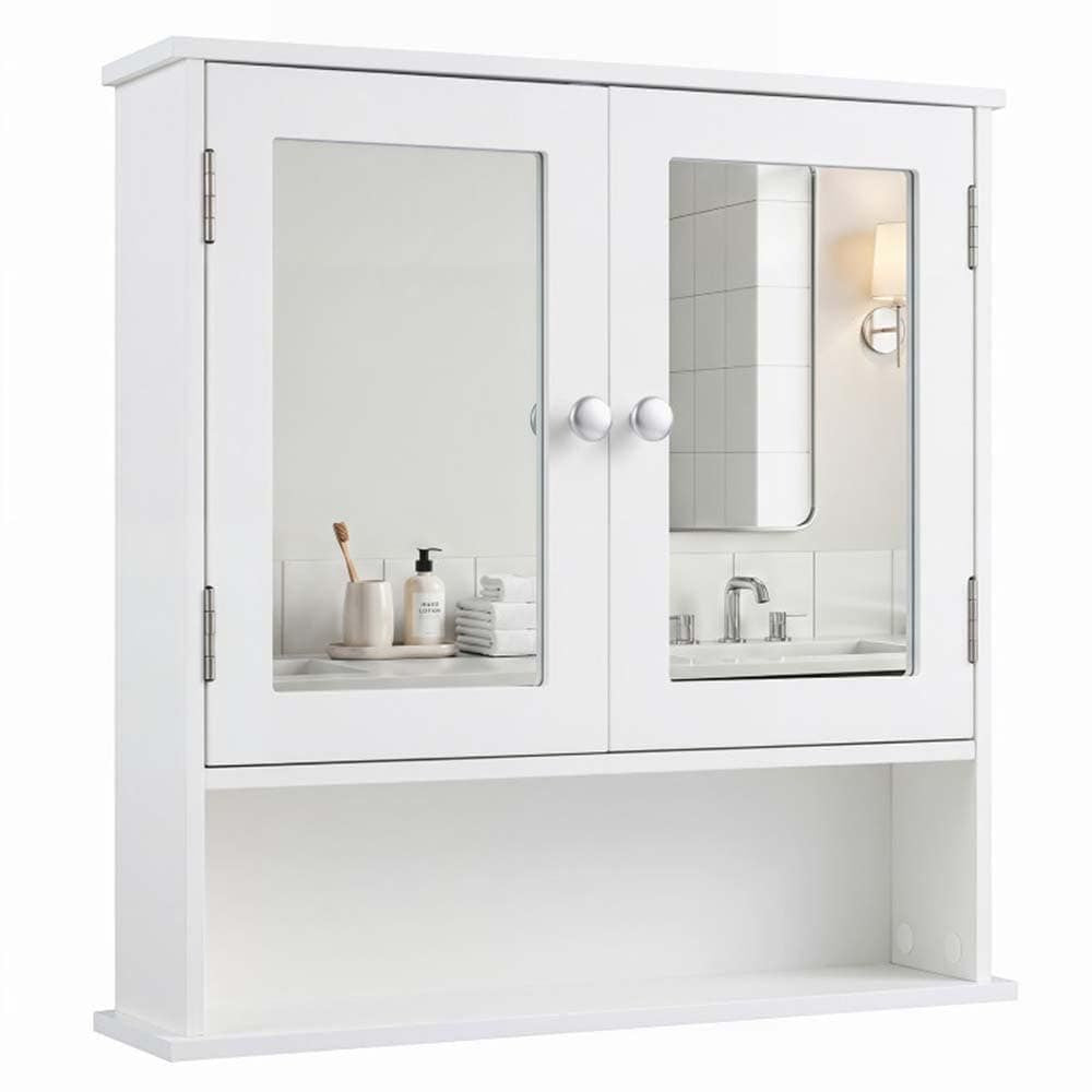 Double Door Wall-Mounted Bathroom Mirror Cabinet with Storage Shelf