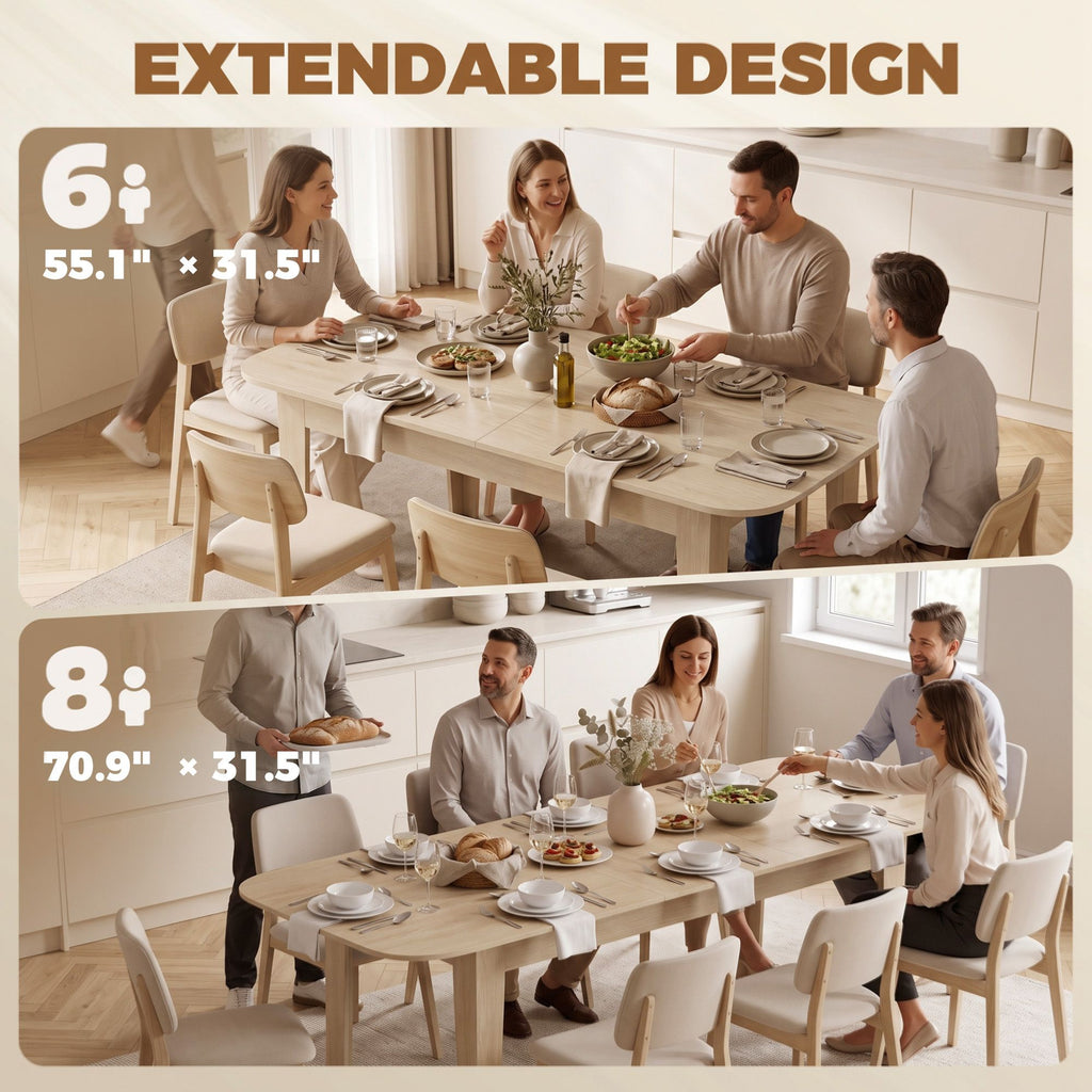 Extendable Oval Dining Table for 4-6, Farmhouse Expandable Kitchen Table, Round Edges, Oak
