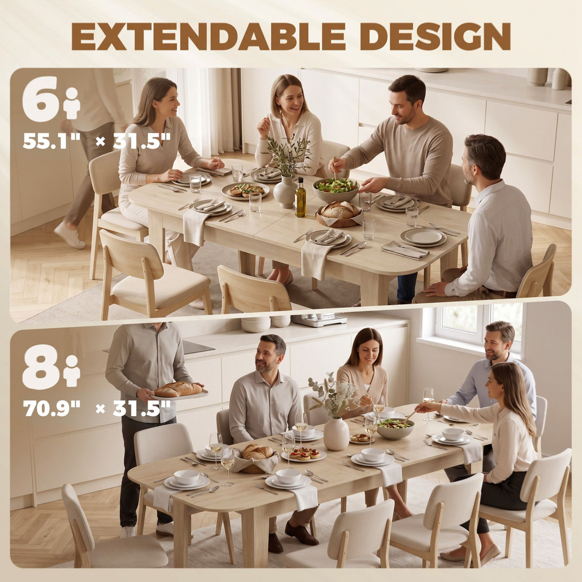 Extendable Oval Dining Table for 4-6, Farmhouse Expandable Kitchen Table, Round Edges, Oak