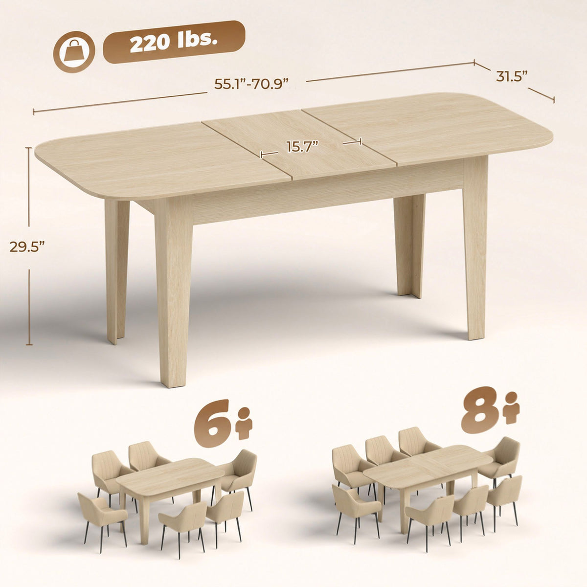 Extendable Oval Dining Table for 4-6, Farmhouse Expandable Kitchen Table, Round Edges, Oak