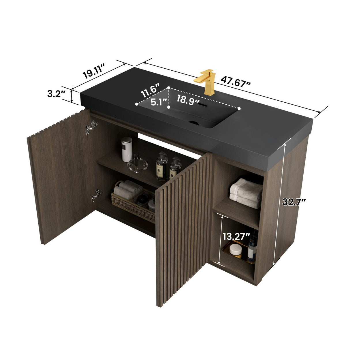 GALAN 48F" Smoked Oak Bathroom Vanity with Sink, Large Storage Freestanding Bathroom Vanity for Modern Bathroom, One-Piece Black Sink Basin without Drain and Faucet, KD