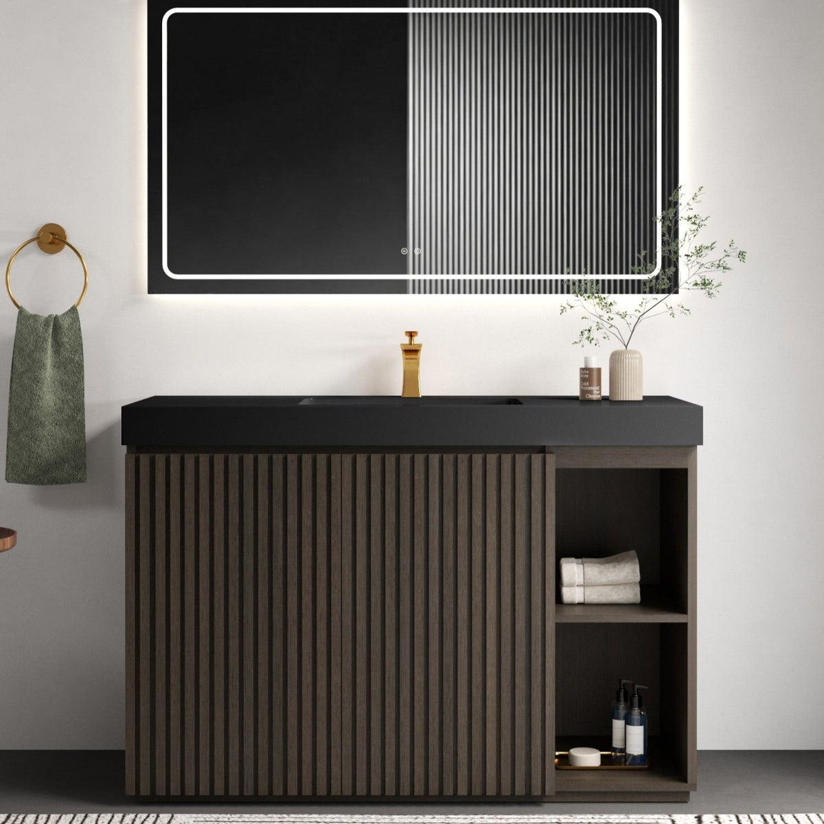GALAN 48F" Smoked Oak Bathroom Vanity with Sink, Large Storage Freestanding Bathroom Vanity for Modern Bathroom, One-Piece Black Sink Basin without Drain and Faucet, KD