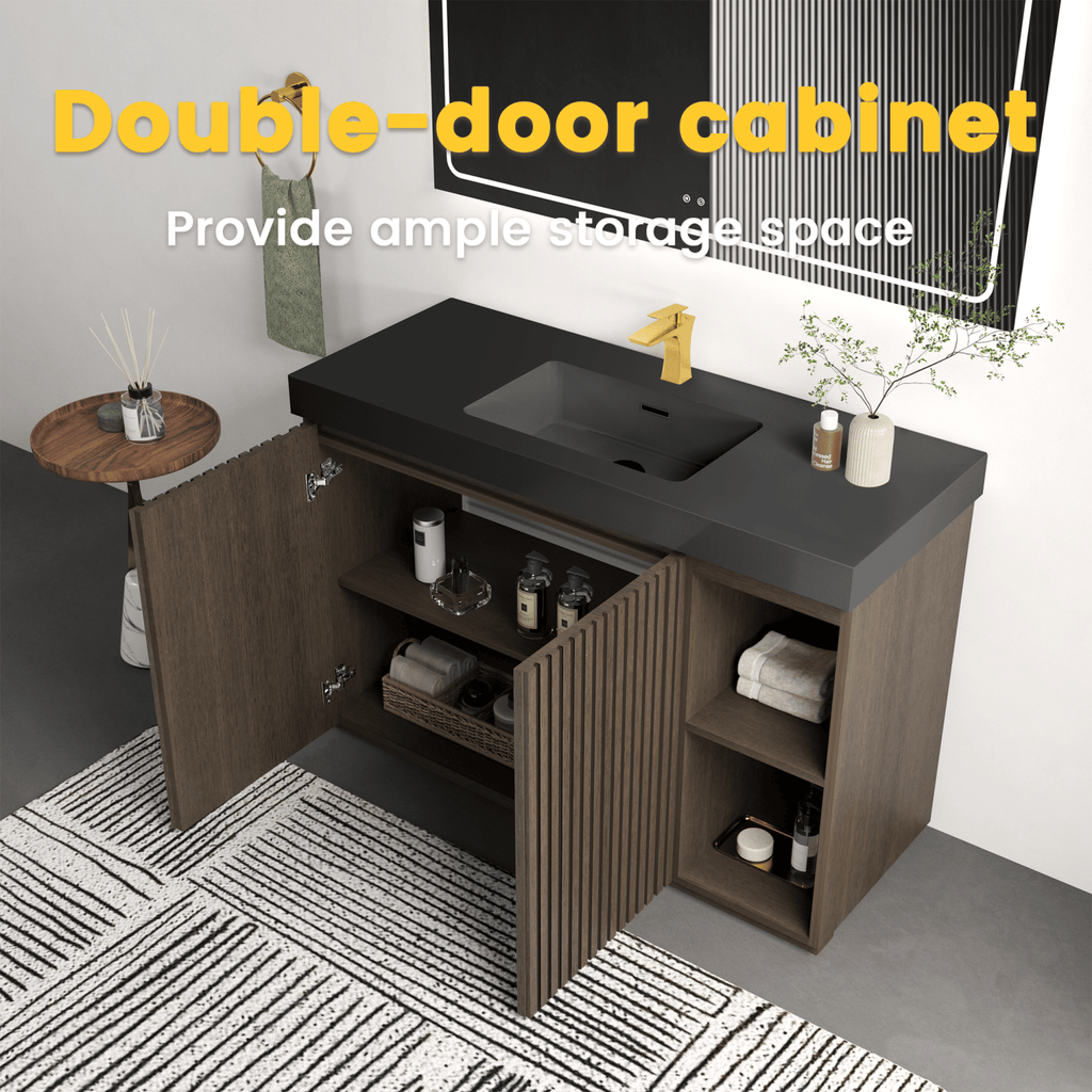 GALAN 48F" Smoked Oak Bathroom Vanity with Sink, Large Storage Freestanding Bathroom Vanity for Modern Bathroom, One-Piece Black Sink Basin without Drain and Faucet, KD