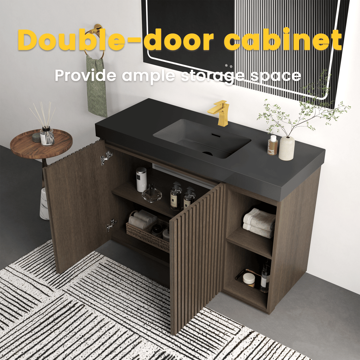 GALAN 48F" Smoked Oak Bathroom Vanity with Sink, Large Storage Freestanding Bathroom Vanity for Modern Bathroom, One-Piece Black Sink Basin without Drain and Faucet, KD