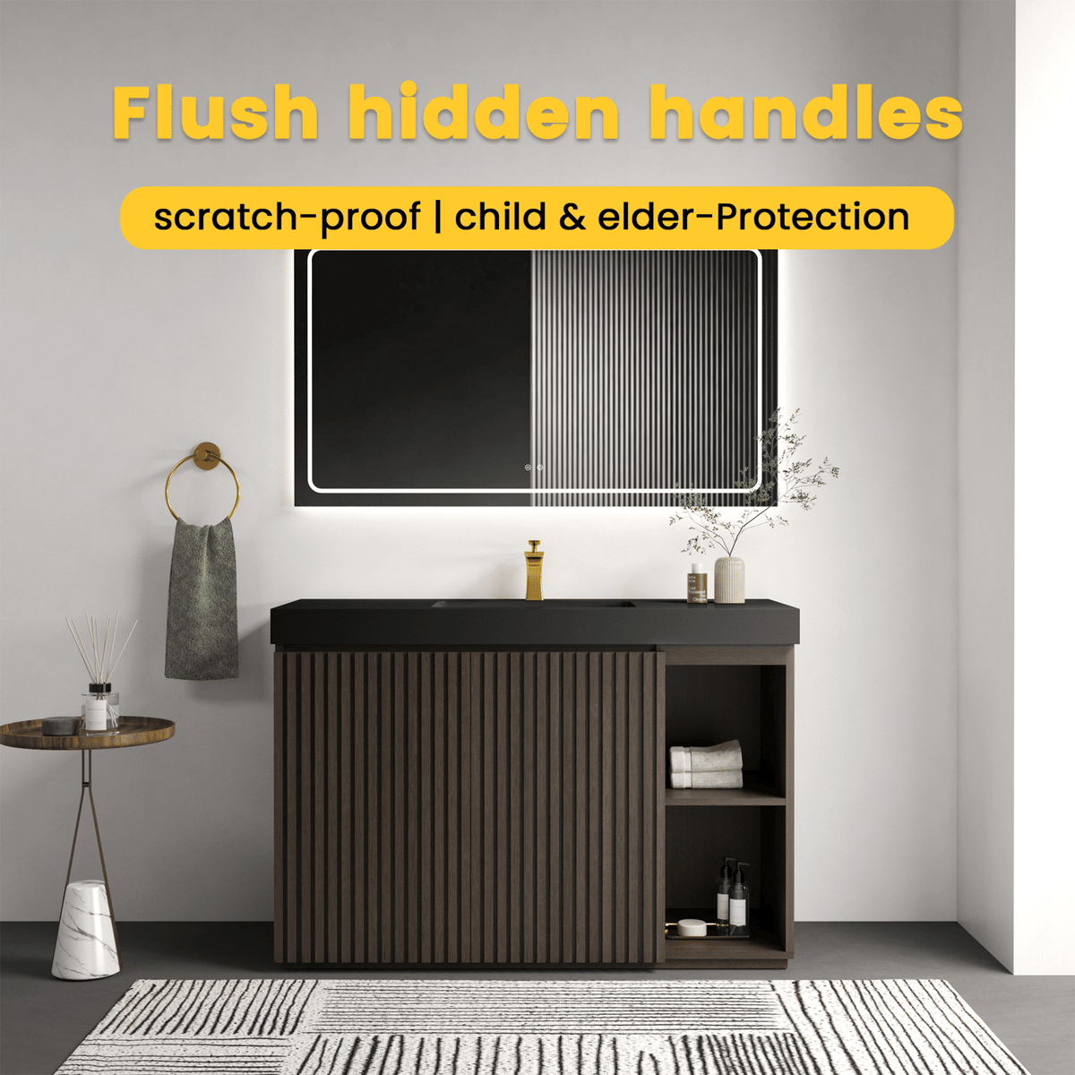 GALAN 48F" Smoked Oak Bathroom Vanity with Sink, Large Storage Freestanding Bathroom Vanity for Modern Bathroom, One-Piece Black Sink Basin without Drain and Faucet, KD