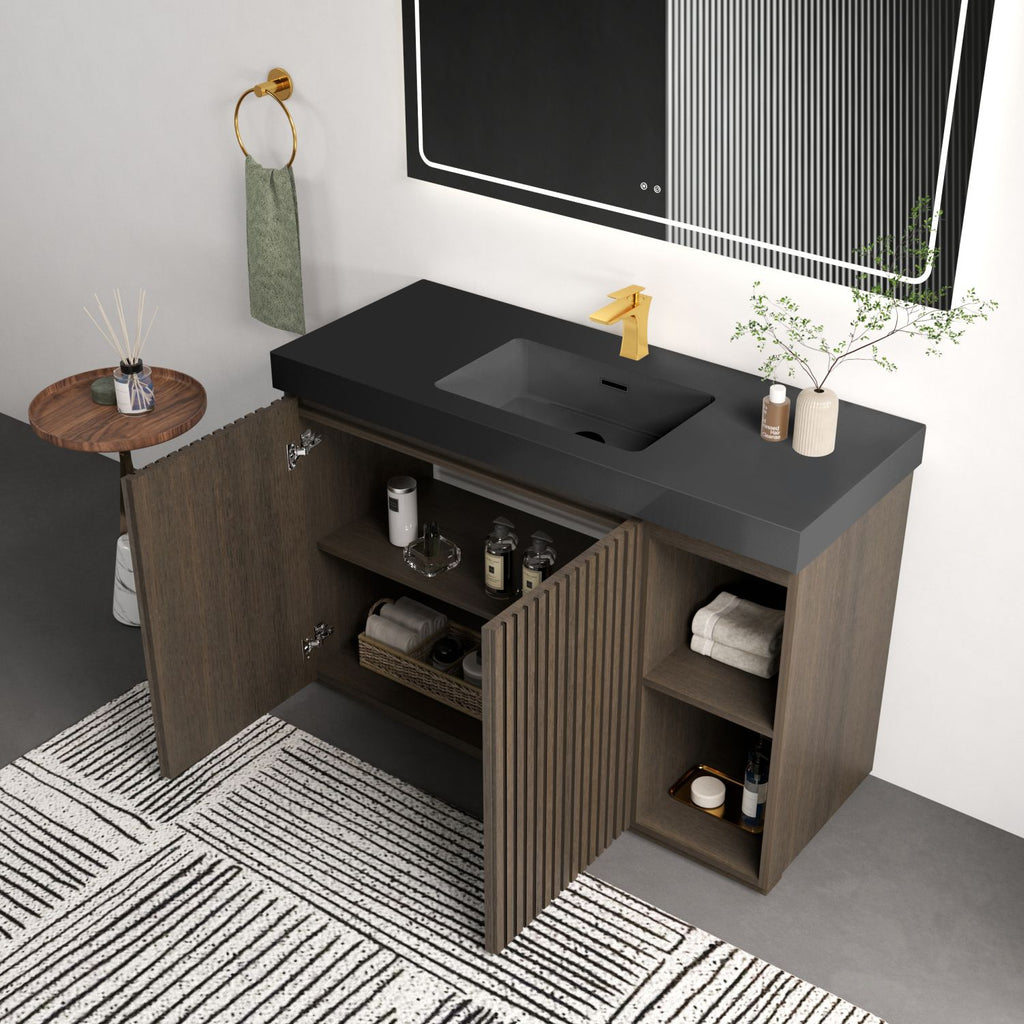 GALAN 48F" Smoked Oak Bathroom Vanity with Sink, Large Storage Freestanding Bathroom Vanity for Modern Bathroom, One-Piece Black Sink Basin without Drain and Faucet, KD