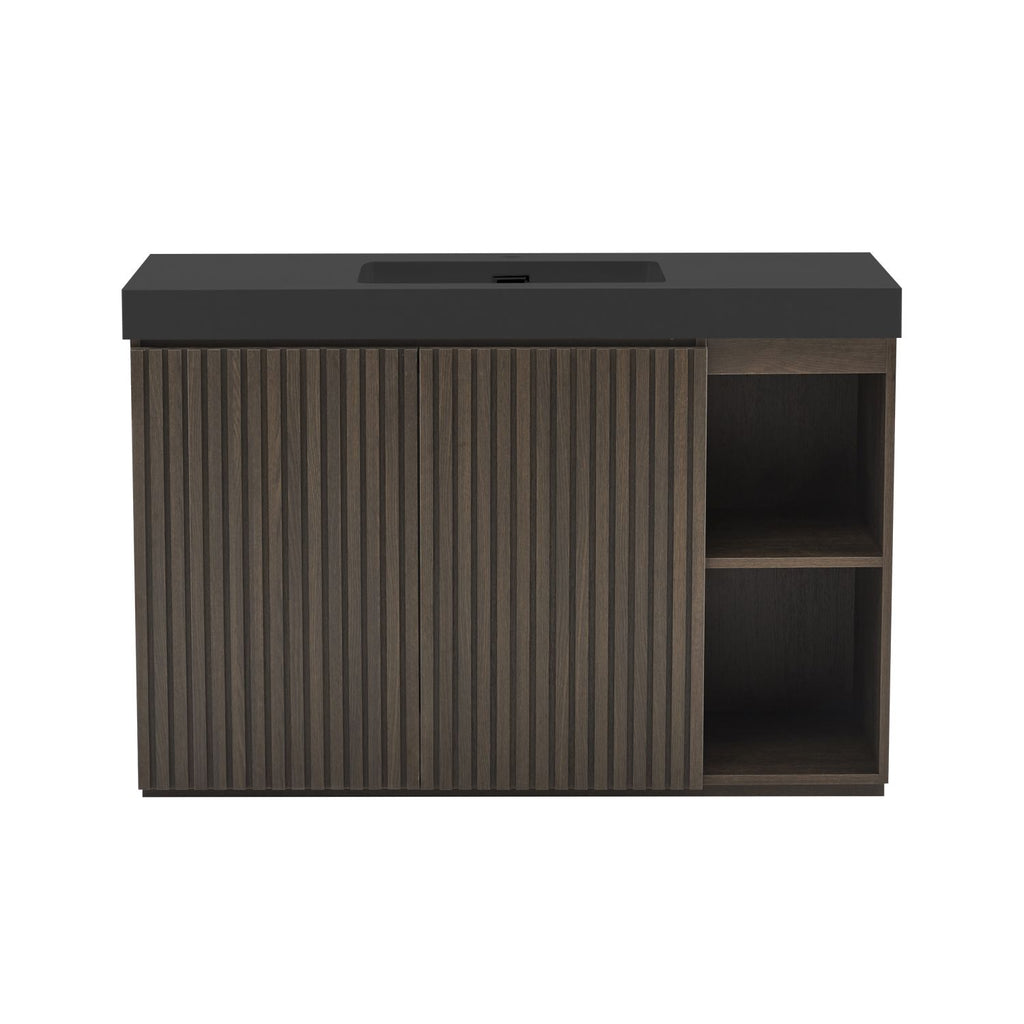 GALAN 48F" Smoked Oak Bathroom Vanity with Sink, Large Storage Freestanding Bathroom Vanity for Modern Bathroom, One-Piece Black Sink Basin without Drain and Faucet, KD