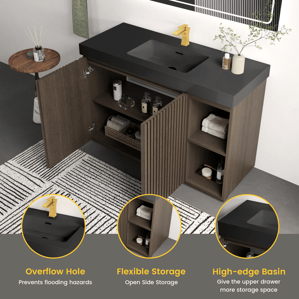 GALAN 48F" Smoked Oak Bathroom Vanity with Sink, Large Storage Freestanding Bathroom Vanity for Modern Bathroom, One-Piece Black Sink Basin without Drain and Faucet, KD