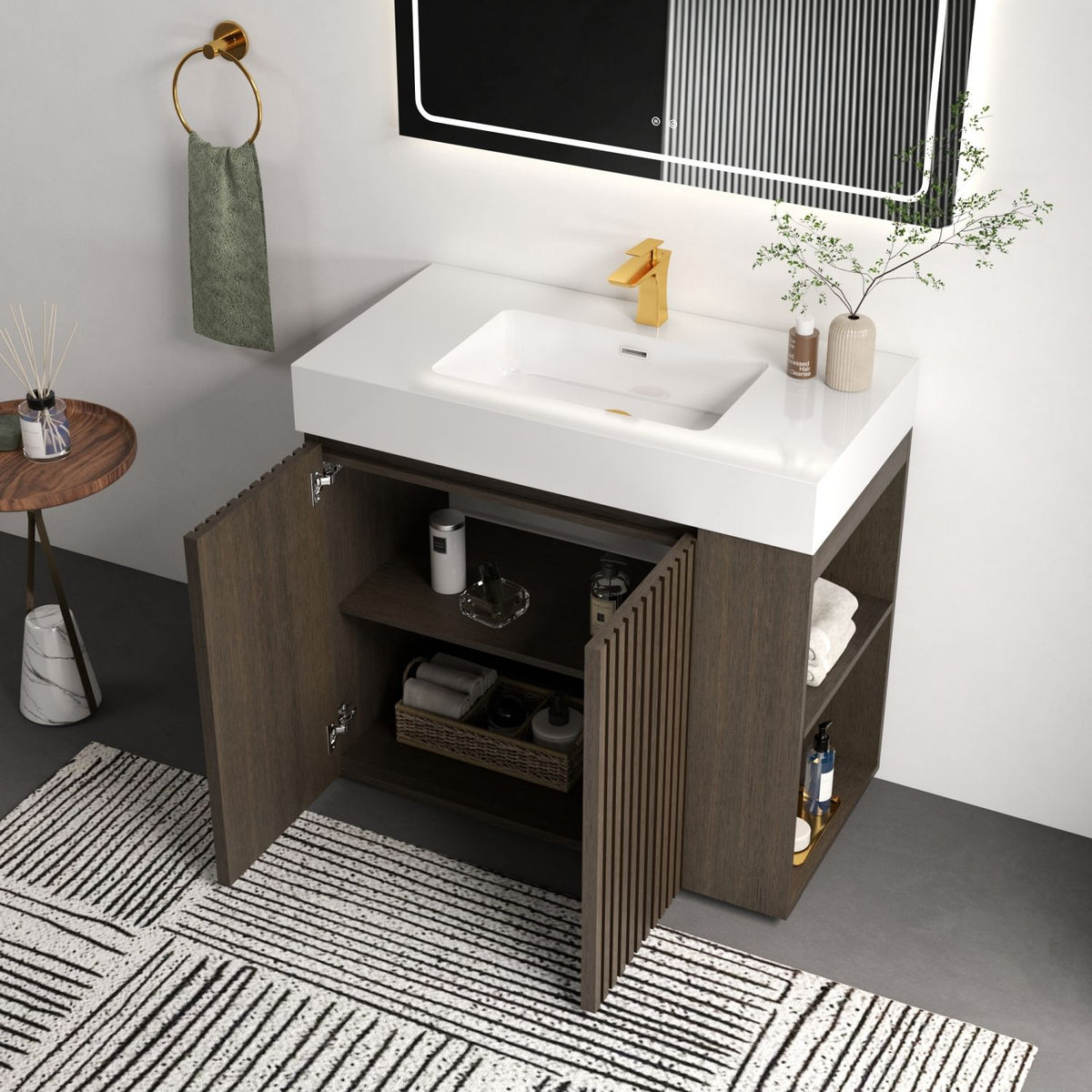 GALAN 36F" Smoked Oak Bathroom Vanity with Sink, Large Storage Freestanding Bathroom Vanity for Modern Bathroom, One-Piece White Sink Basin without Drain and Faucet, KD