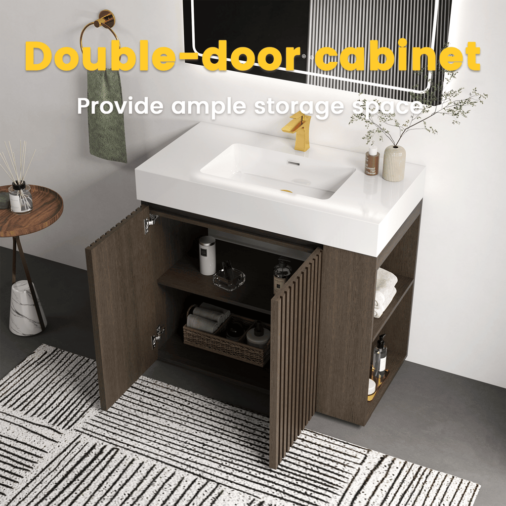 GALAN 36F" Smoked Oak Bathroom Vanity with Sink, Large Storage Freestanding Bathroom Vanity for Modern Bathroom, One-Piece White Sink Basin without Drain and Faucet, KD