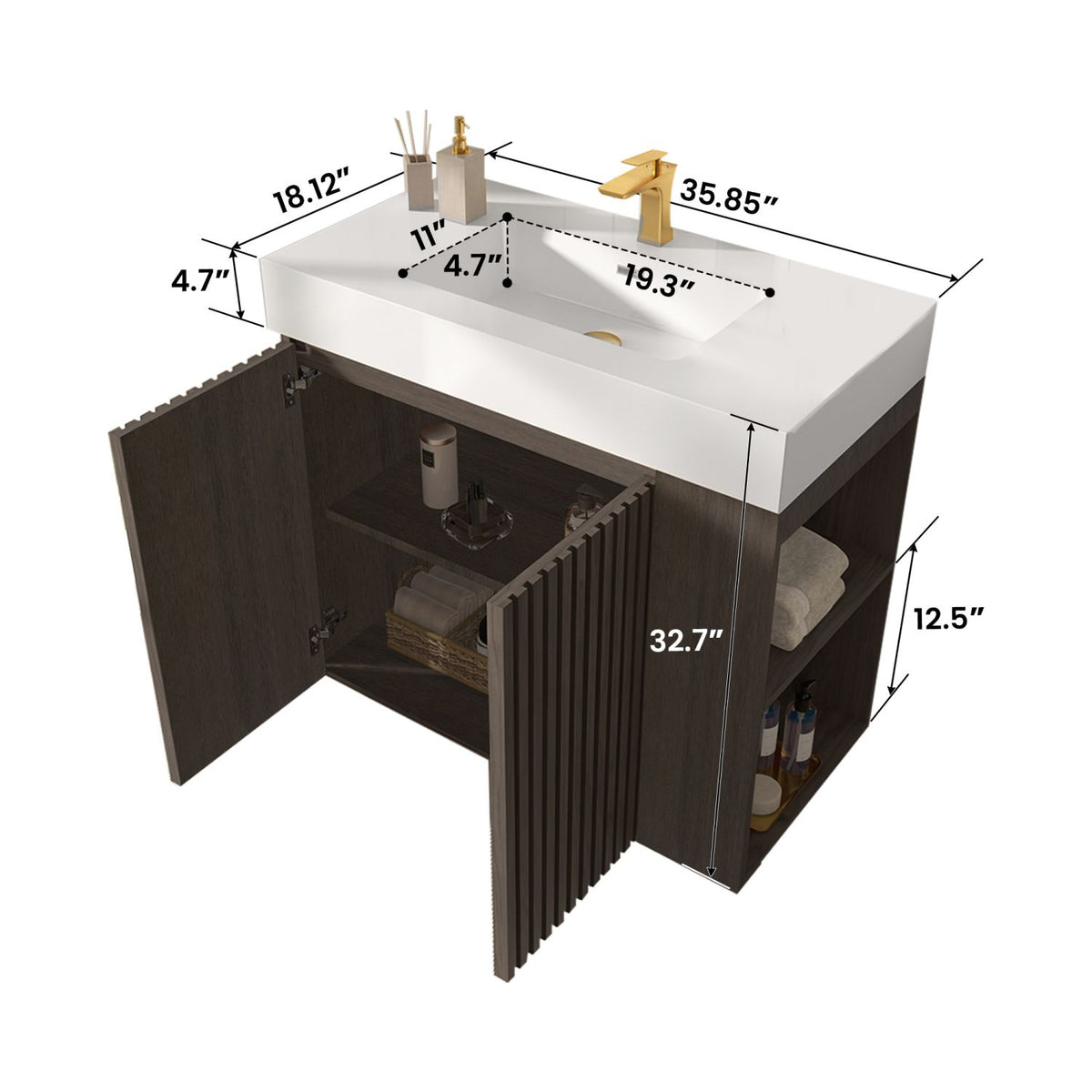 GALAN 36F" Smoked Oak Bathroom Vanity with Sink, Large Storage Freestanding Bathroom Vanity for Modern Bathroom, One-Piece White Sink Basin without Drain and Faucet, KD