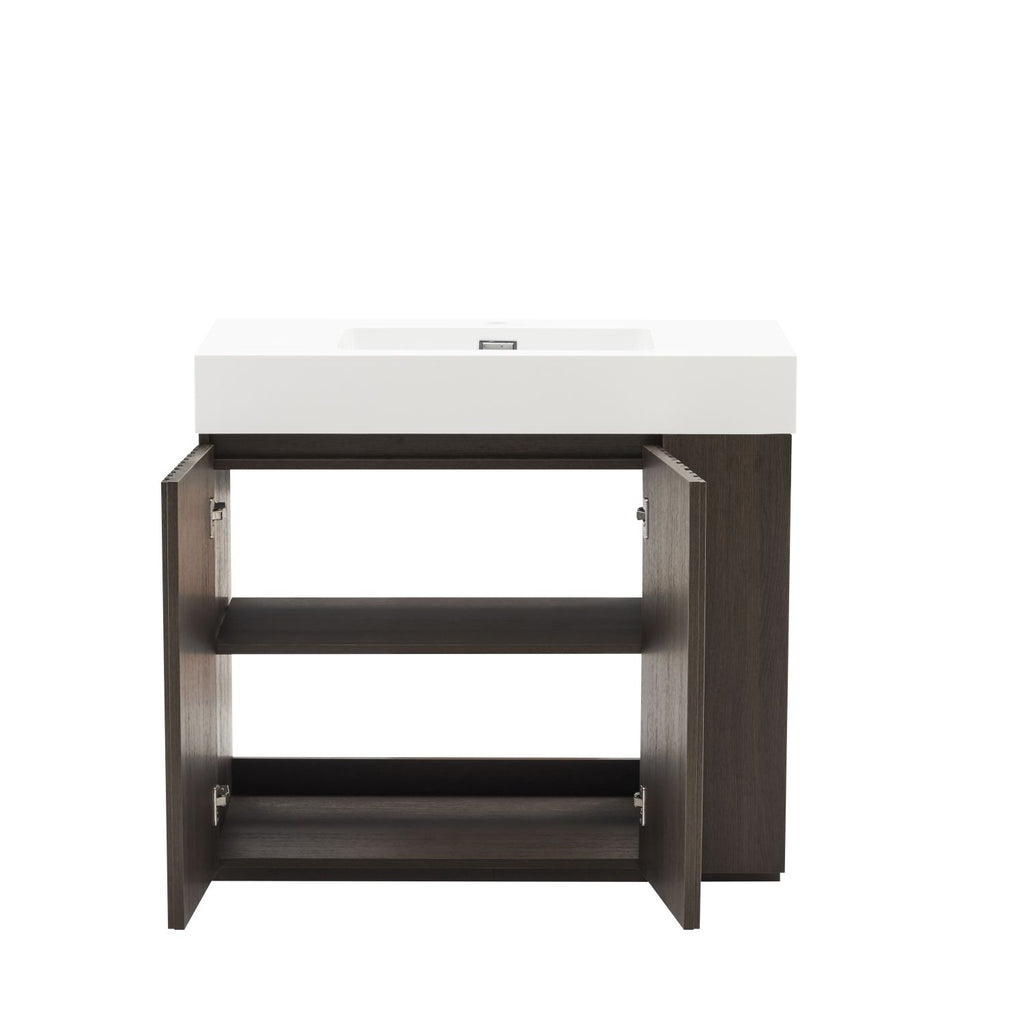 GALAN 36F" Smoked Oak Bathroom Vanity with Sink, Large Storage Freestanding Bathroom Vanity for Modern Bathroom, One-Piece White Sink Basin without Drain and Faucet, KD