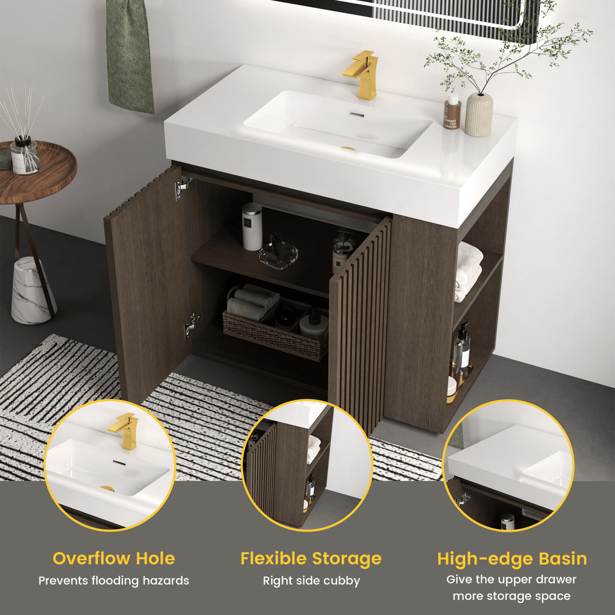 GALAN 36F" Smoked Oak Bathroom Vanity with Sink, Large Storage Freestanding Bathroom Vanity for Modern Bathroom, One-Piece White Sink Basin without Drain and Faucet, KD