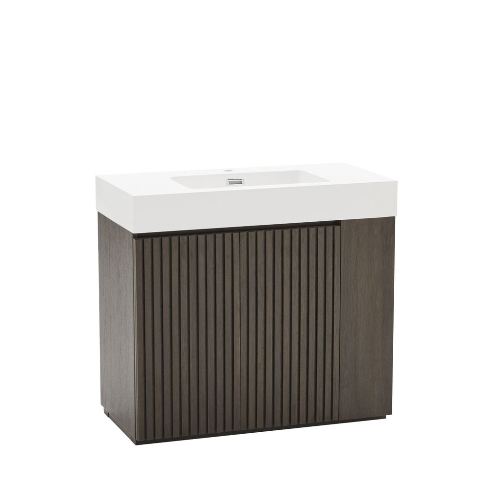 GALAN 36F" Smoked Oak Bathroom Vanity with Sink, Large Storage Freestanding Bathroom Vanity for Modern Bathroom, One-Piece White Sink Basin without Drain and Faucet, KD