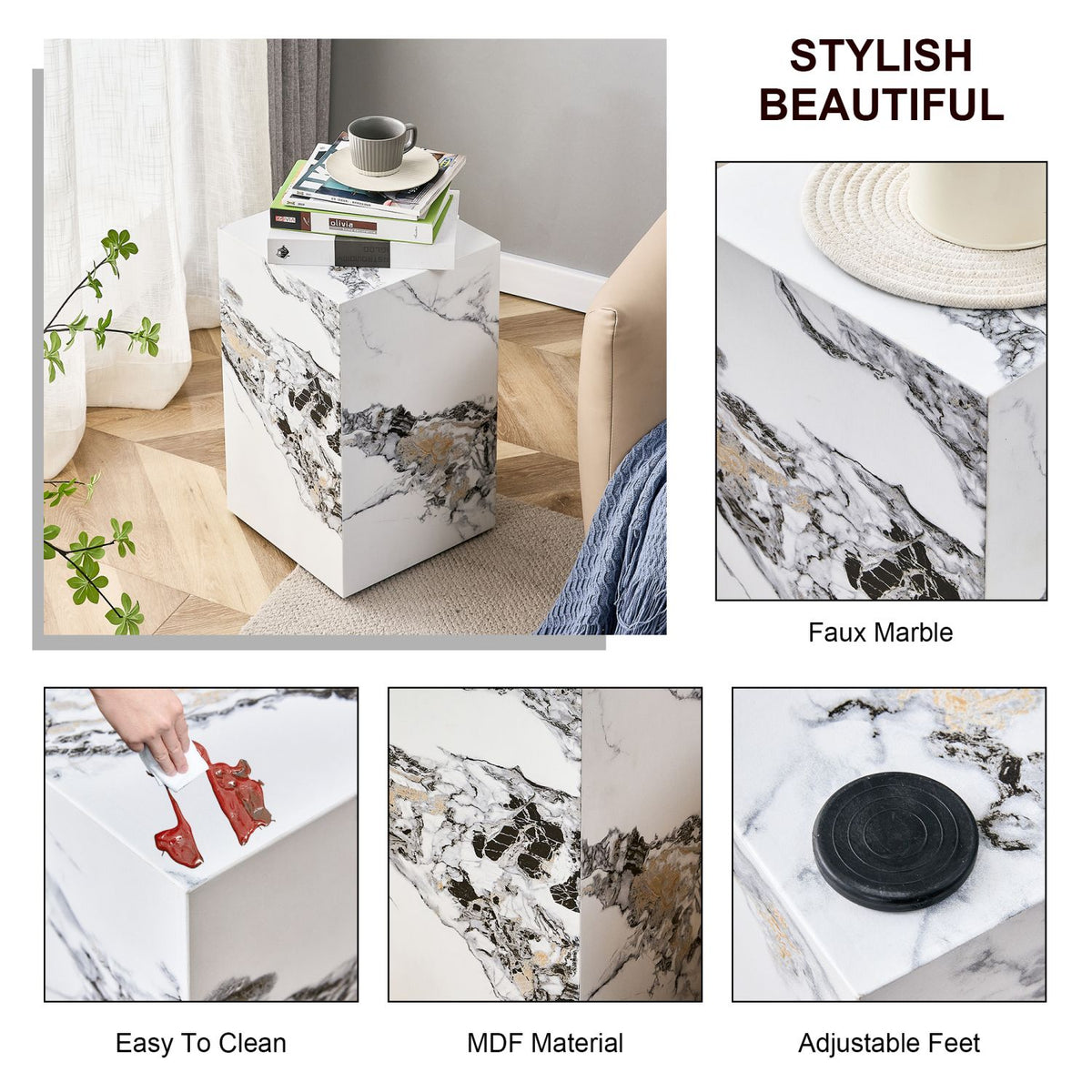 Elevate your living space with this modern MDF coffee table, which showcases white marble textured patterns. It is characterized by stylish design.11.8x11.8x19.7 inches,W1151119519