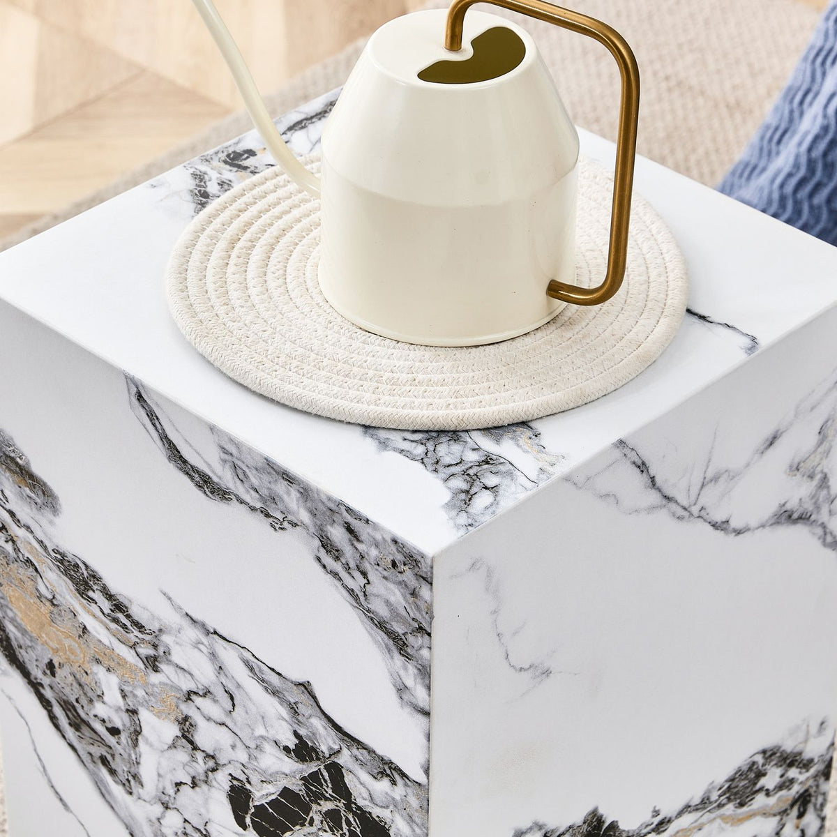 Elevate your living space with this modern MDF coffee table, which showcases white marble textured patterns. It is characterized by stylish design.11.8x11.8x19.7 inches,W1151119519
