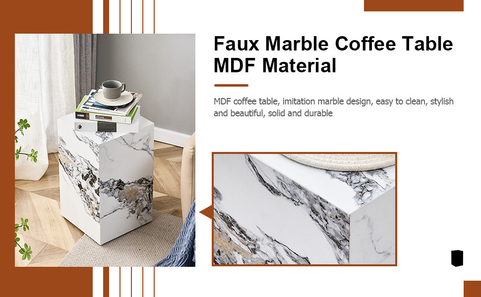 Elevate your living space with this modern MDF coffee table, which showcases white marble textured patterns. It is characterized by stylish design.11.8x11.8x19.7 inches,W1151119519