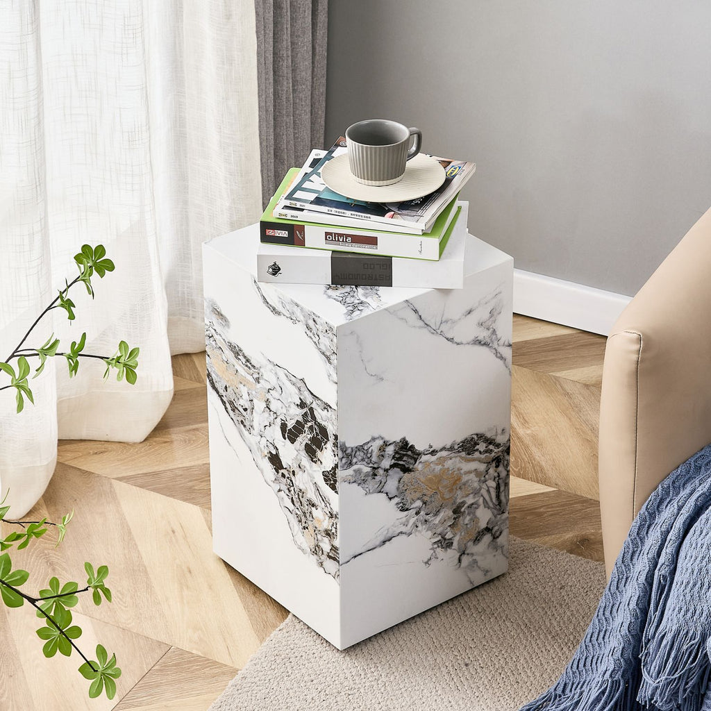 Elevate your living space with this modern MDF coffee table, which showcases white marble textured patterns. It is characterized by stylish design.11.8x11.8x19.7 inches,W1151119519
