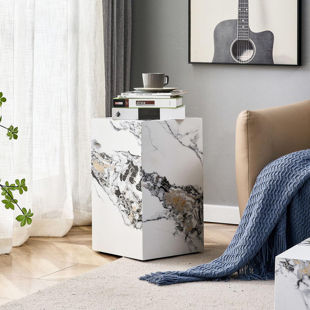 Elevate your living space with this modern MDF coffee table, which showcases white marble textured patterns. It is characterized by stylish design.11.8x11.8x19.7 inches,W1151119519