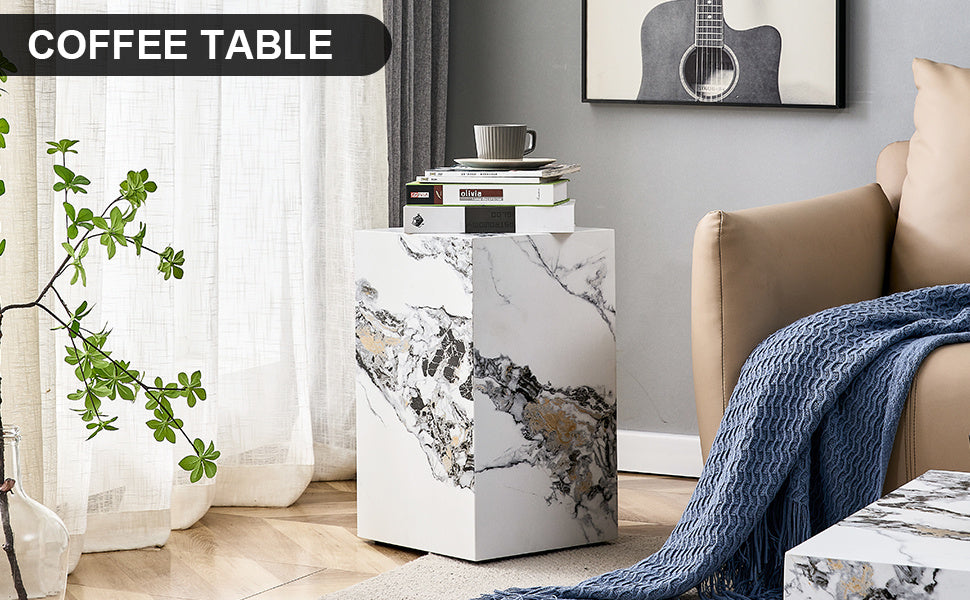 Elevate your living space with this modern MDF coffee table, which showcases white marble textured patterns. It is characterized by stylish design.11.8x11.8x19.7 inches,W1151119519