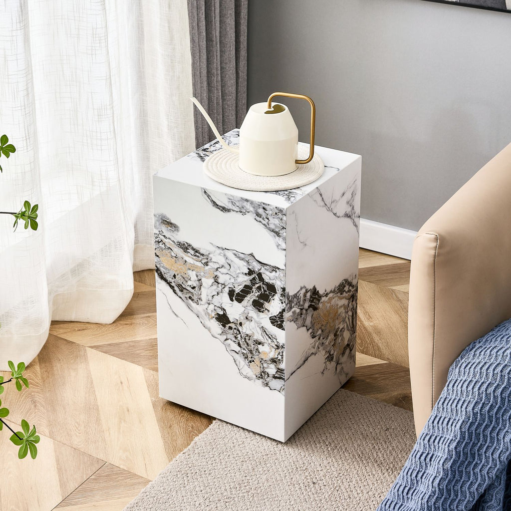 Elevate your living space with this modern MDF coffee table, which showcases white marble textured patterns. It is characterized by stylish design.11.8x11.8x19.7 inches,W1151119519