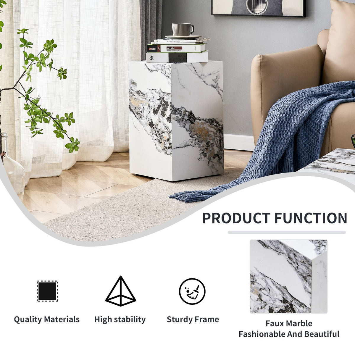 Elevate your living space with this modern MDF coffee table, which showcases white marble textured patterns. It is characterized by stylish design.11.8x11.8x19.7 inches,W1151119519