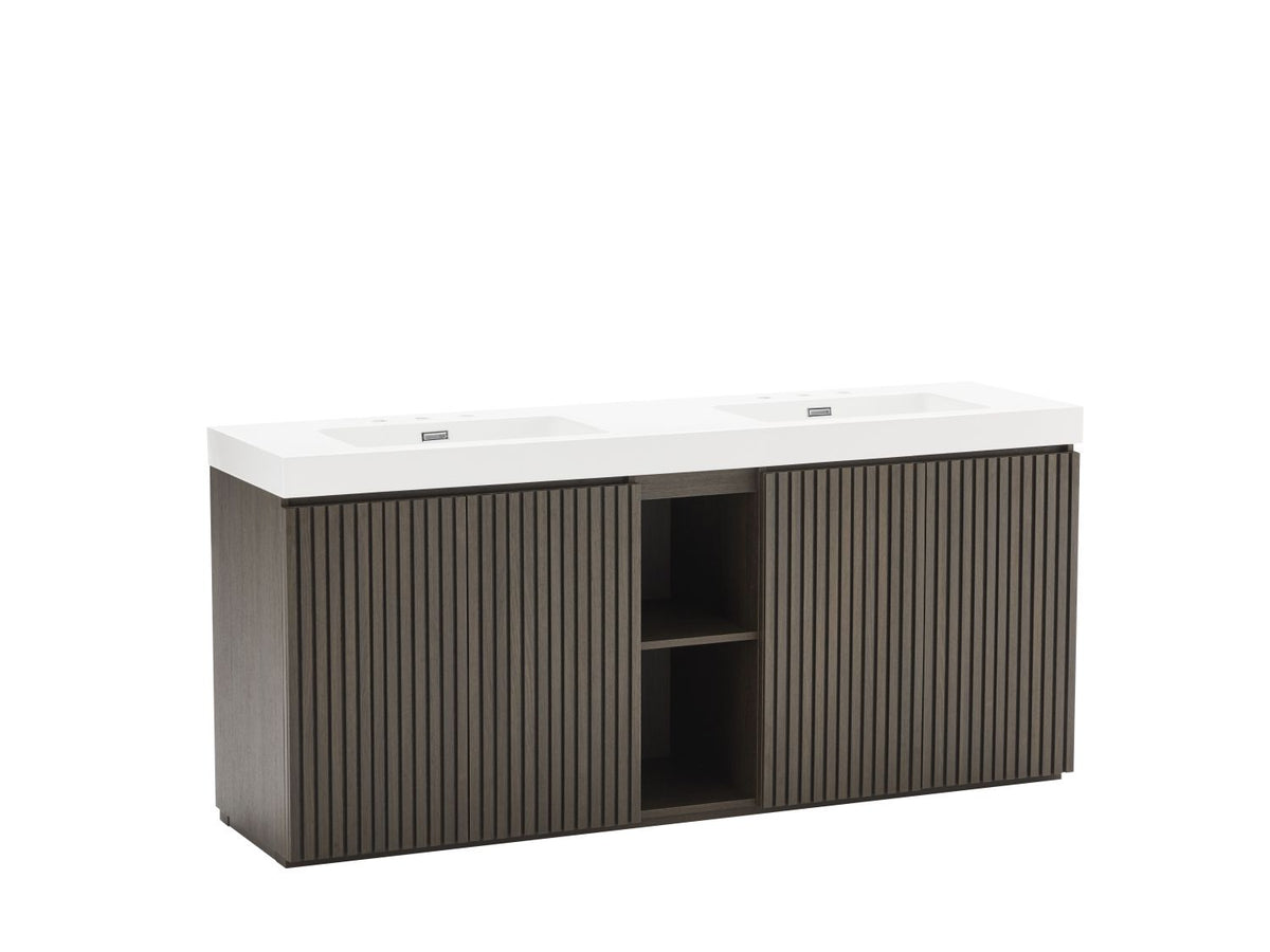 GALAN 72F" Smoked Oak Bathroom Vanity with Sink, Large Storage Freestanding Bathroom Vanity for Modern Bathroom, One-Piece White Sink Basin without Drain and Faucet, LTL
