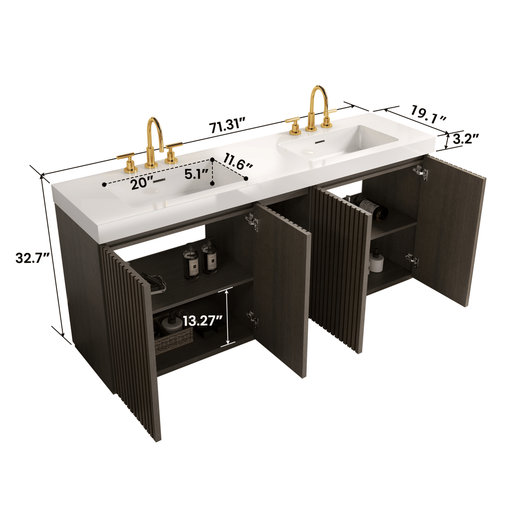 GALAN 72F" Smoked Oak Bathroom Vanity with Sink, Large Storage Freestanding Bathroom Vanity for Modern Bathroom, One-Piece White Sink Basin without Drain and Faucet, LTL