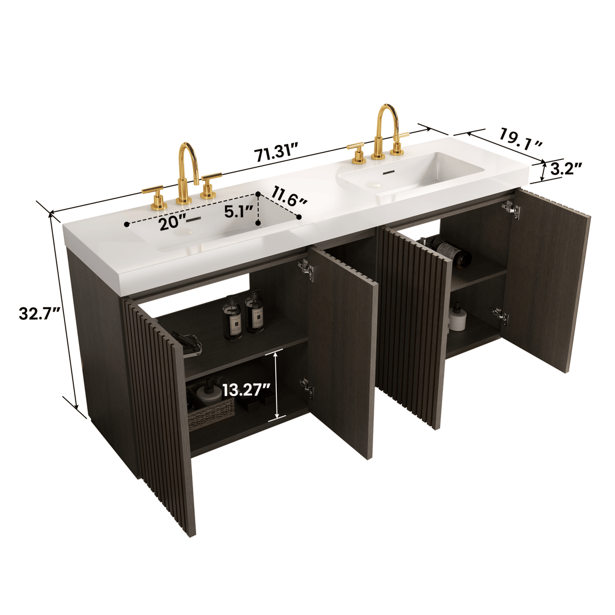 GALAN 72F" Smoked Oak Bathroom Vanity with Sink, Large Storage Freestanding Bathroom Vanity for Modern Bathroom, One-Piece White Sink Basin without Drain and Faucet, LTL