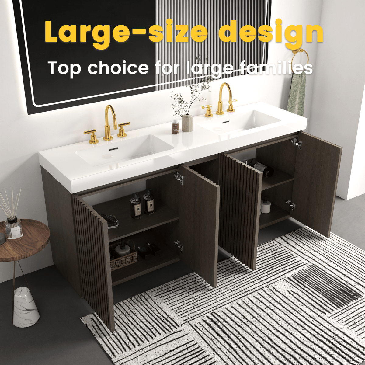 GALAN 72F" Smoked Oak Bathroom Vanity with Sink, Large Storage Freestanding Bathroom Vanity for Modern Bathroom, One-Piece White Sink Basin without Drain and Faucet, LTL