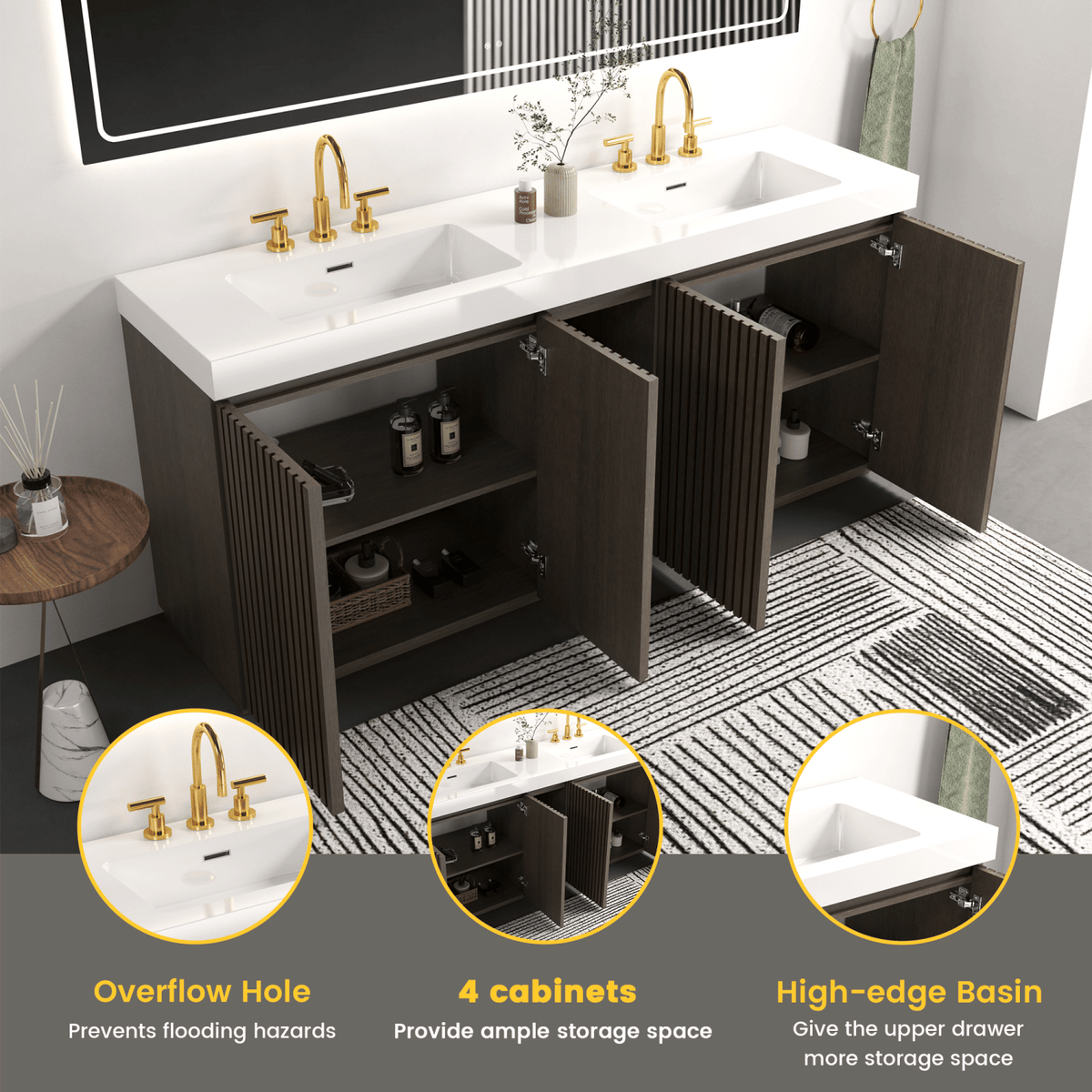 GALAN 72F" Smoked Oak Bathroom Vanity with Sink, Large Storage Freestanding Bathroom Vanity for Modern Bathroom, One-Piece White Sink Basin without Drain and Faucet, LTL
