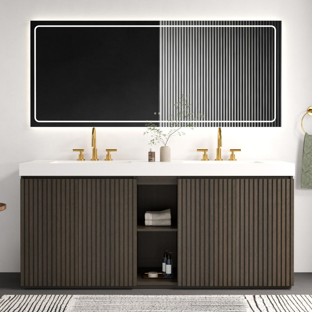 GALAN 72F" Smoked Oak Bathroom Vanity with Sink, Large Storage Freestanding Bathroom Vanity for Modern Bathroom, One-Piece White Sink Basin without Drain and Faucet, LTL