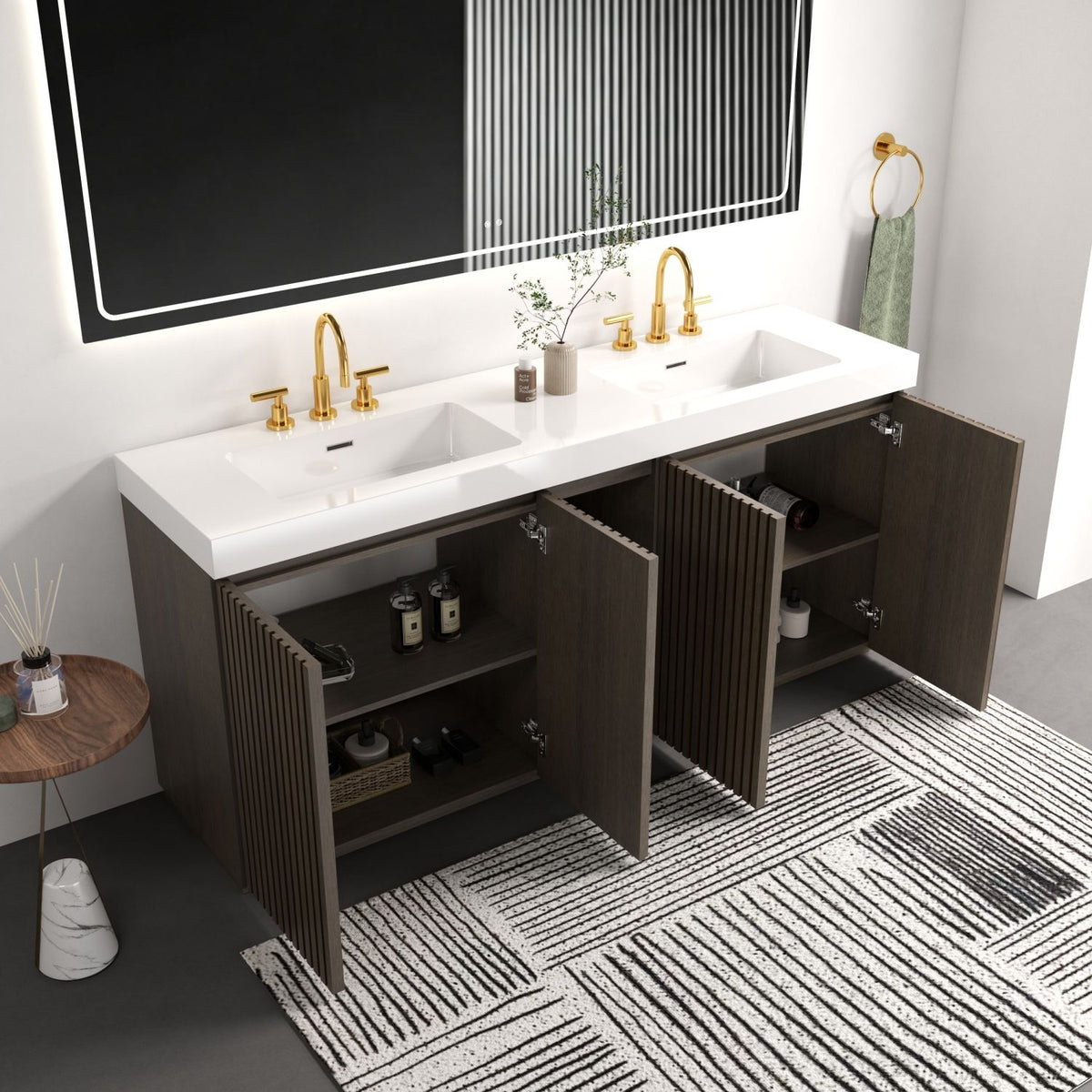 GALAN 72F" Smoked Oak Bathroom Vanity with Sink, Large Storage Freestanding Bathroom Vanity for Modern Bathroom, One-Piece White Sink Basin without Drain and Faucet, LTL