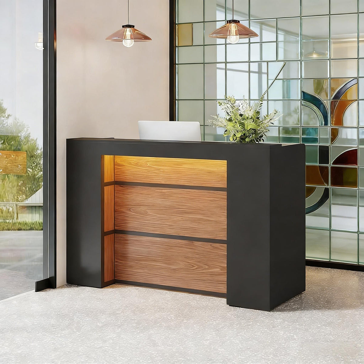 Modern Reception Desk, Large Counter Table Front Desk with LED Lights