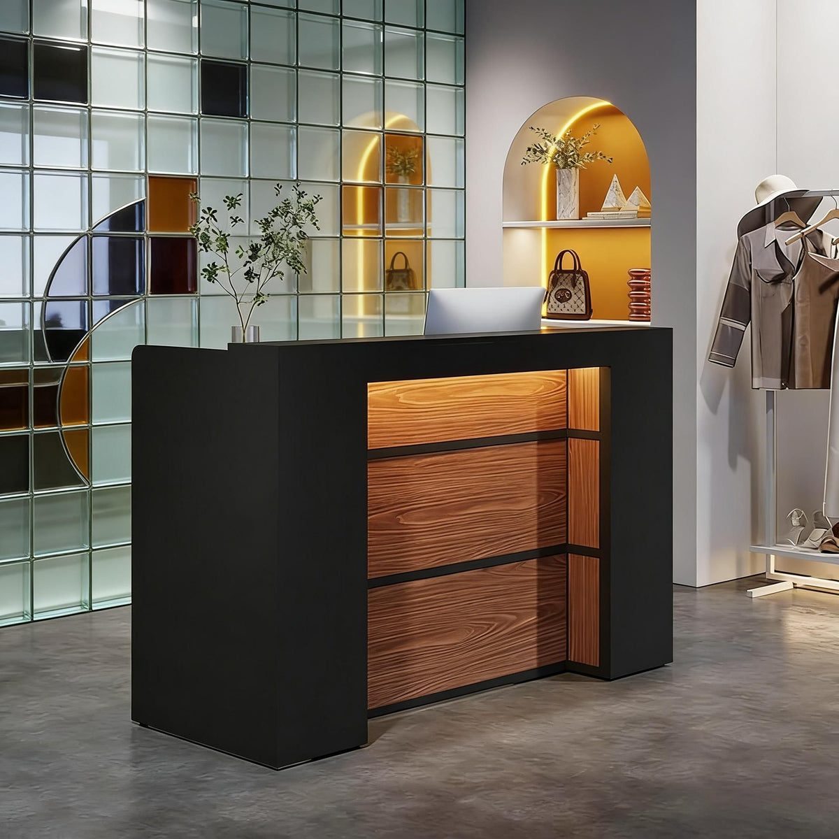 Modern Reception Desk, Large Counter Table Front Desk with LED Lights