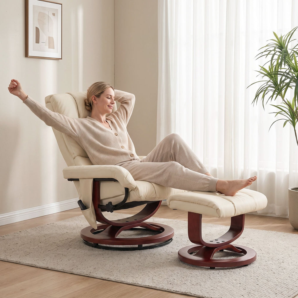 Swivel Recliner with Ottoman Massage, Recliner Chair and Ottoman, Faux Leather Reclining Chair with Remote, Cream White