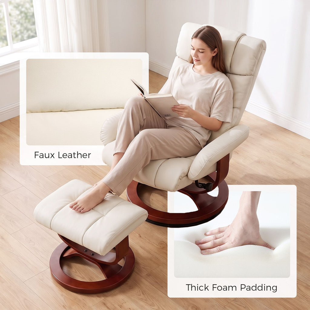 Swivel Recliner with Ottoman Massage, Recliner Chair and Ottoman, Faux Leather Reclining Chair with Remote, Cream White