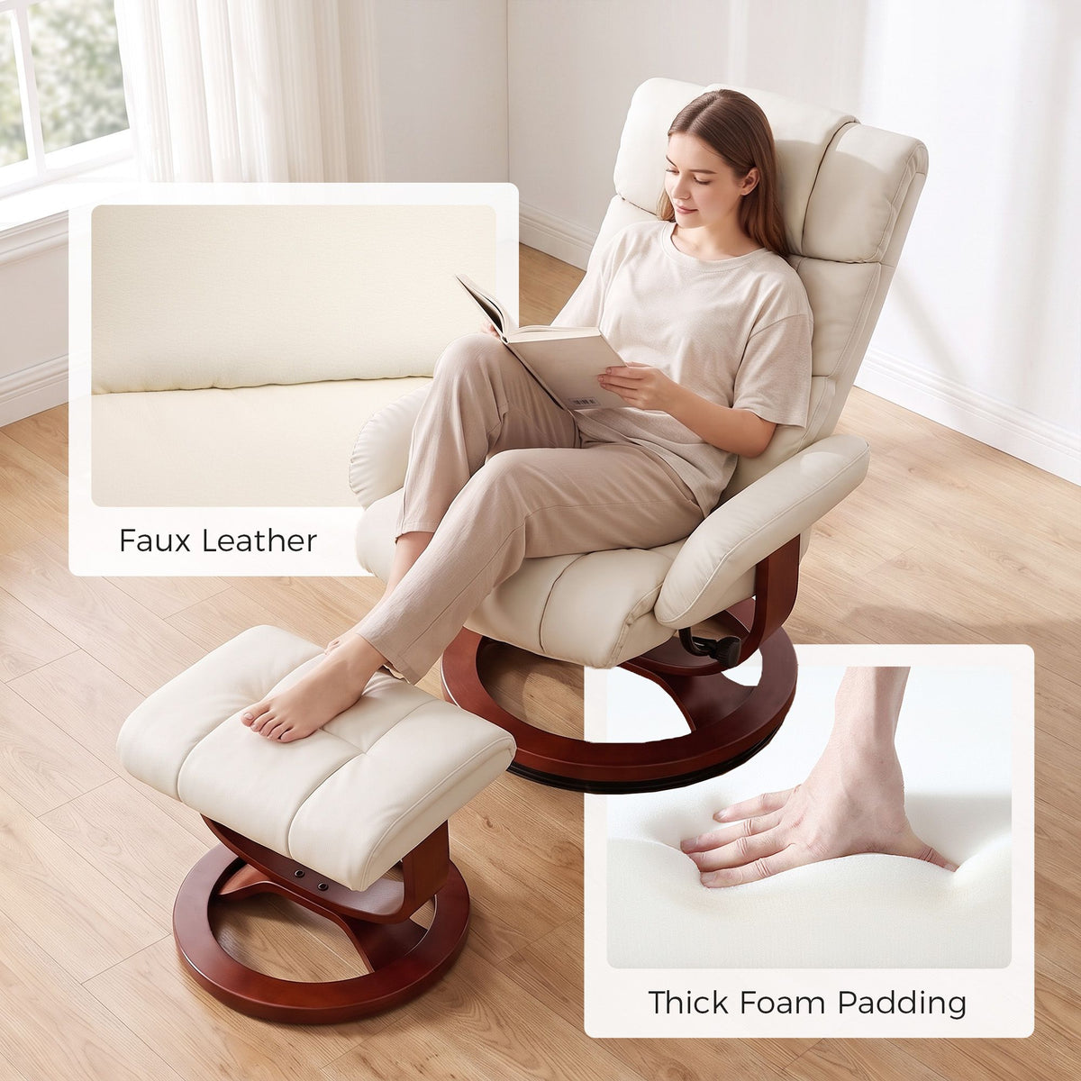 Swivel Recliner with Ottoman Massage, Recliner Chair and Ottoman, Faux Leather Reclining Chair with Remote, Cream White