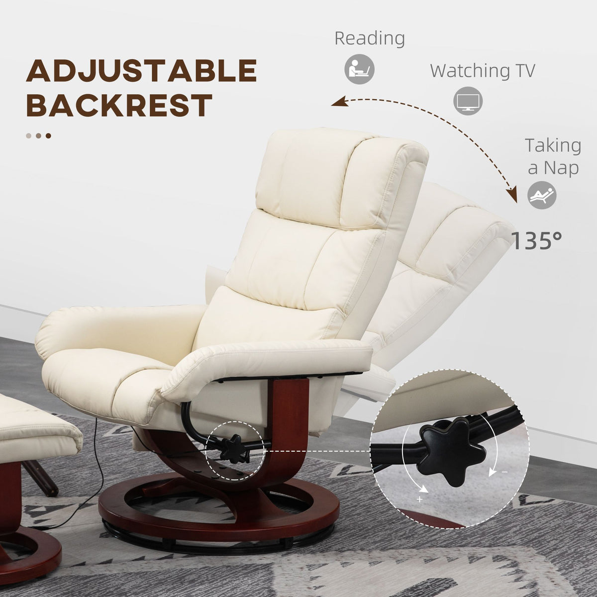 Swivel Recliner with Ottoman Massage, Recliner Chair and Ottoman, Faux Leather Reclining Chair with Remote, Cream White