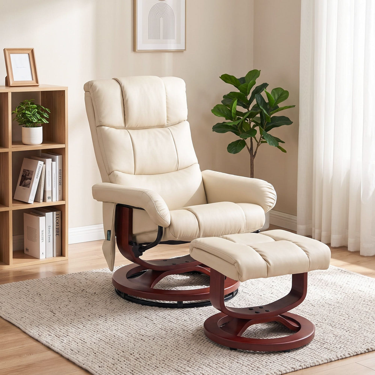 Swivel Recliner with Ottoman Massage, Recliner Chair and Ottoman, Faux Leather Reclining Chair with Remote, Cream White