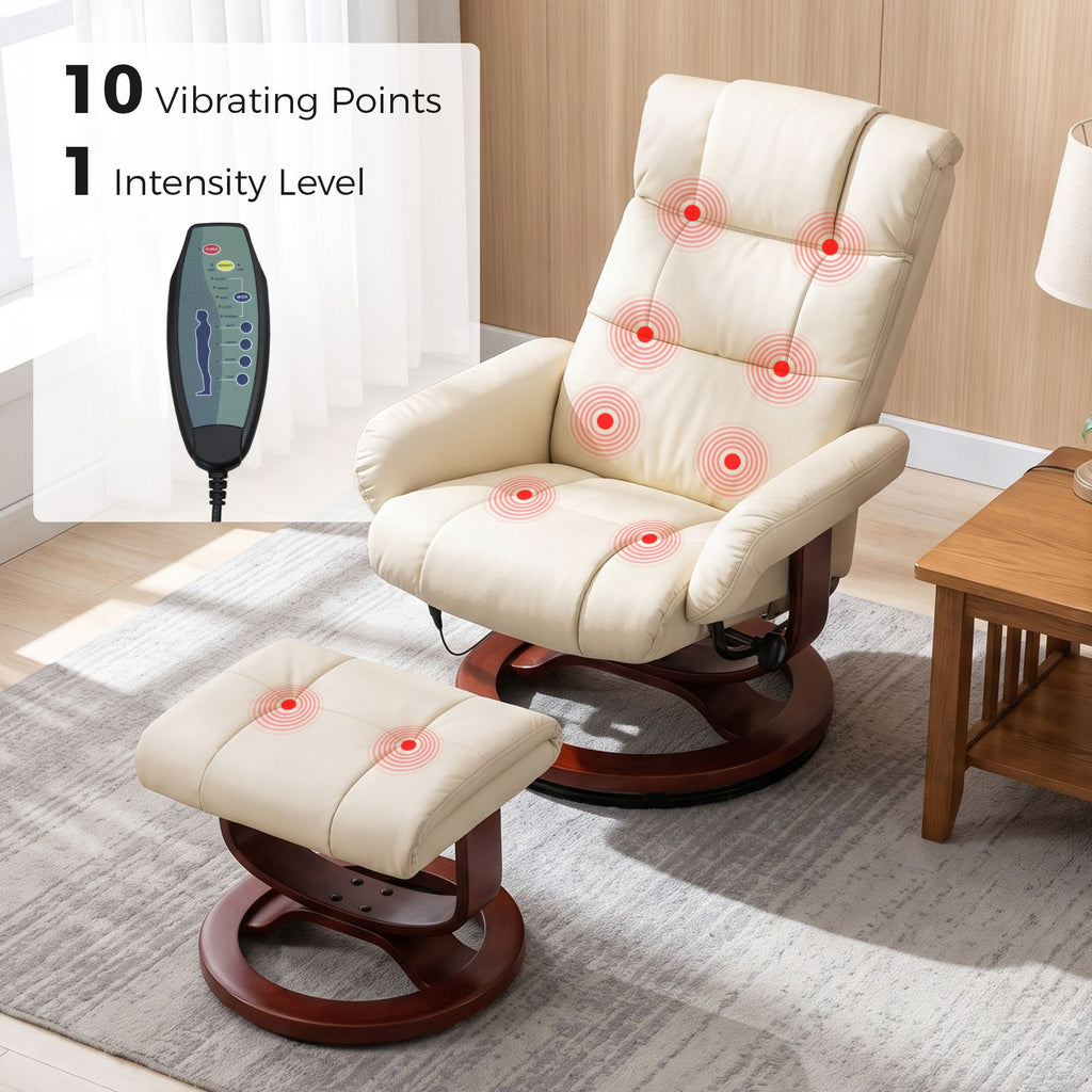 Swivel Recliner with Ottoman Massage, Recliner Chair and Ottoman, Faux Leather Reclining Chair with Remote, Cream White