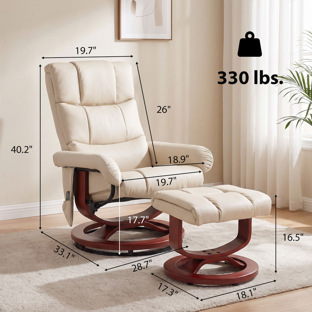 Swivel Recliner with Ottoman Massage, Recliner Chair and Ottoman, Faux Leather Reclining Chair with Remote, Cream White