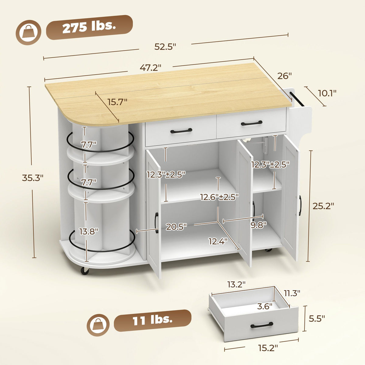 53" Kitchen Island with Power Outlet and Drop Leaf, Kitchen Cart on Wheels with 360° Rotating Rack, White