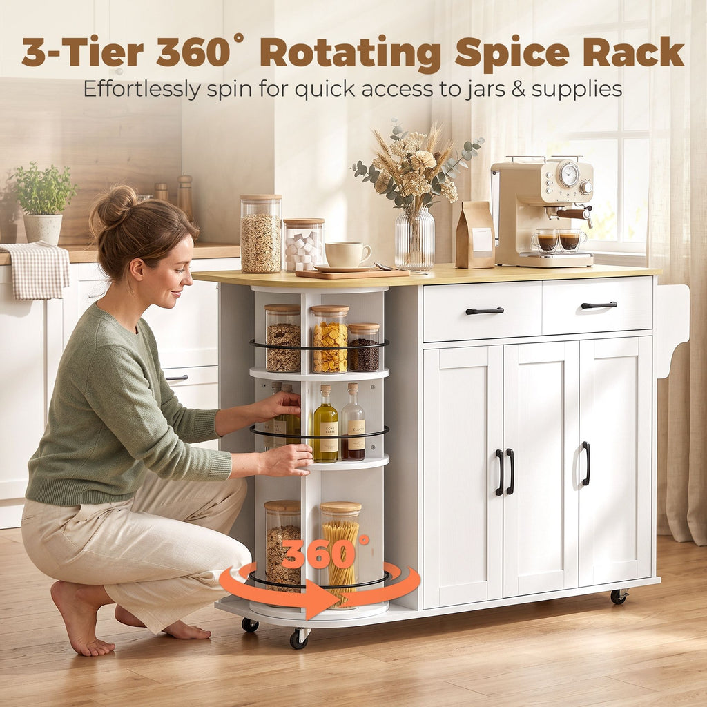53" Kitchen Island with Power Outlet and Drop Leaf, Kitchen Cart on Wheels with 360° Rotating Rack, White