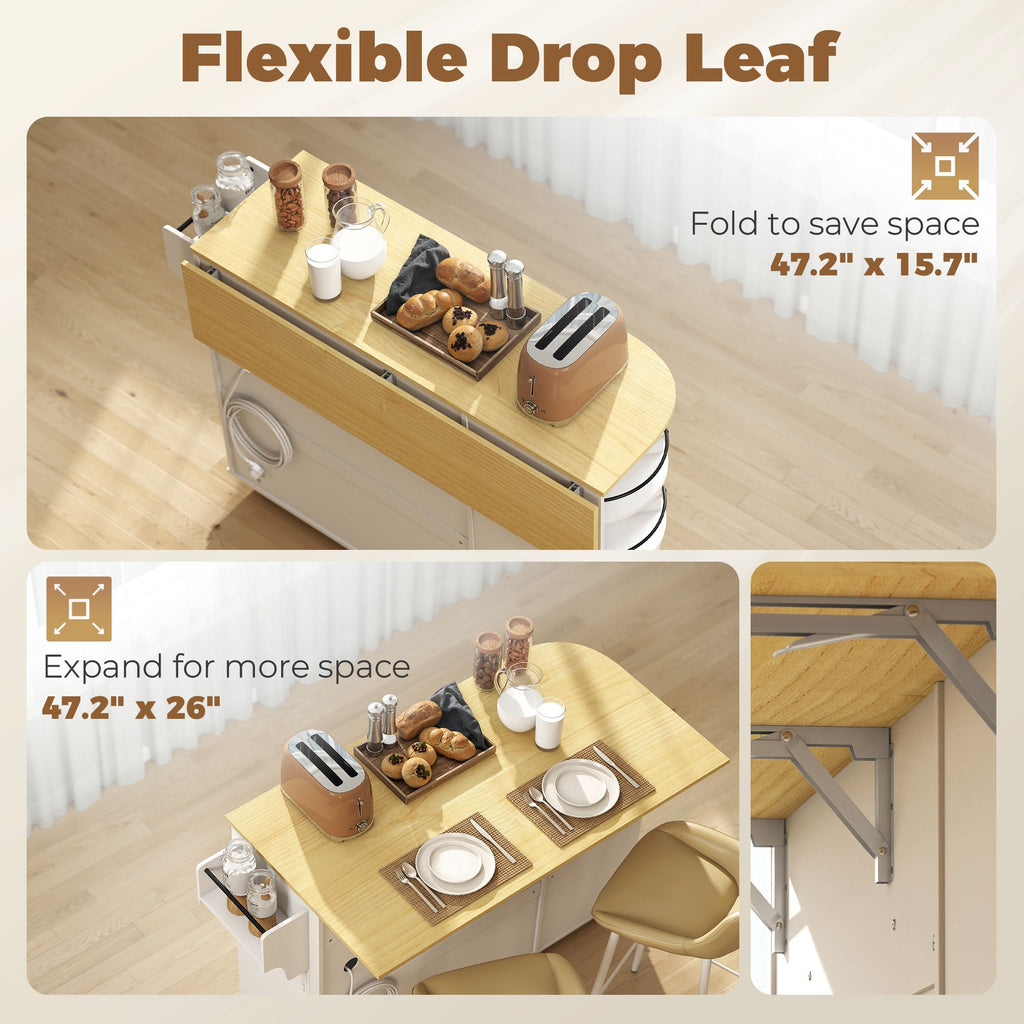 53" Kitchen Island with Power Outlet and Drop Leaf, Kitchen Cart on Wheels with 360° Rotating Rack, White
