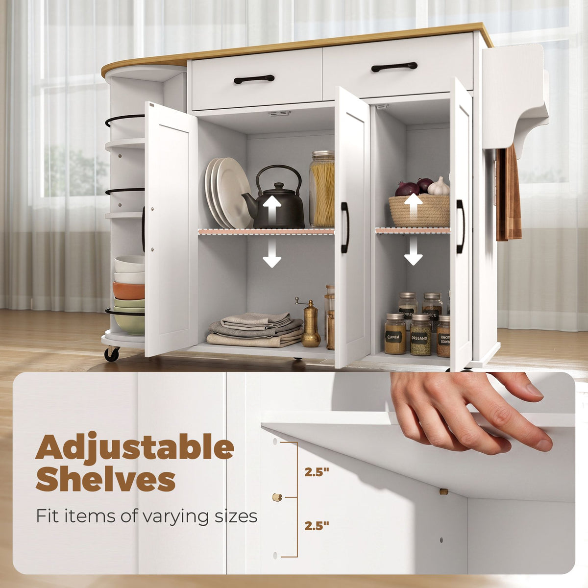 53" Kitchen Island with Power Outlet and Drop Leaf, Kitchen Cart on Wheels with 360° Rotating Rack, White