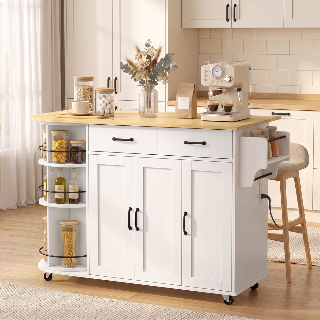 53" Kitchen Island with Power Outlet and Drop Leaf, Kitchen Cart on Wheels with 360° Rotating Rack, White